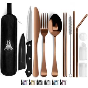 Portable Travel Silverware Set With Case, Includes 10 Pcs of Travel Utensils With Case, Stainless Steel Flatware Set For Camping, Lightweight (Rose Gold)