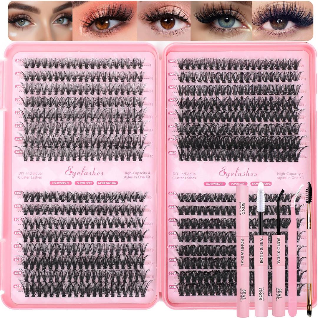 Lash Clusters Kit, 640 Pcs Eyelashes Clusters Extensions Kit 9-16mm Individual Lashes D Curl Fluffy Wispy False Eyelashes Thin Band with Bond Seal Tweezers Brush DIY (30D+40D+50D+60D Kit 9-16mm)