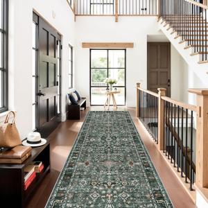 Washable Hallway Runner Rug 4x12: Green 12ft Runners for Hallways Soft Non Slip Kitchen Rugs for Bedroom Bathroom Entryway - Stain Resistant Vintage Floral Carpet (Dark Green Multi, 4X12)