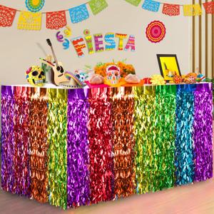 Cinco de Mayo Decorations 2 Packs Fiesta Party Wavy Metallic Tinsel Foil Fringe Table Skirts Mexican Themed for Mexico Day of The Dead Taco Dia De Los Muertos Table Bar Rainbow Party Decor (2 Packs)