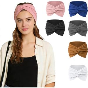 Headbands for Women, 6 Pack, Non-Slip Wide Elastic Thick Hair Bands, Soft Cotton Twist Knotted, Sports Sweat Accessories for Spa Workout Running Gym