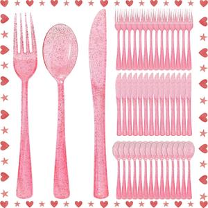 300 Pcs Pink Silverware Set Heavy Duty Pink Plastic Silverware - 100 Forks, 100 Knives, 100 Spoons for Brithday, Wedding, Baby Shower, Bridal Shower
