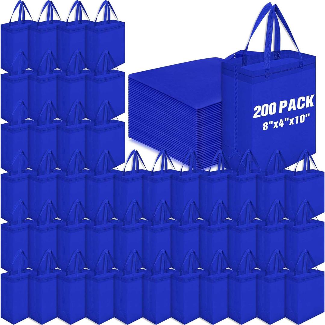Windyun 200 Pcs Reusable Tote Bag Bulk 8 x 4 x 10 Inch Non Woven Shopping Bag with Handle Reusable Grocery Gift Tote (Blue)