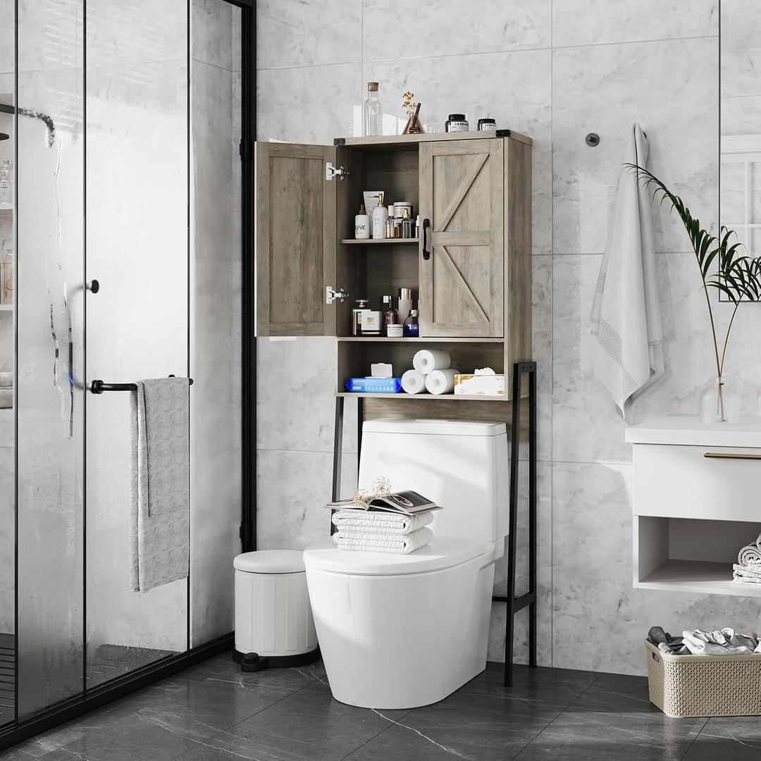 Vabches Over The Toilet Storage Cabinet with 2-Door Design Bathroom Organizers and Storage with Anti-Tip Device Over Toilet Organizer with Shelves for Bathroom,Restroom,Laundry Grey