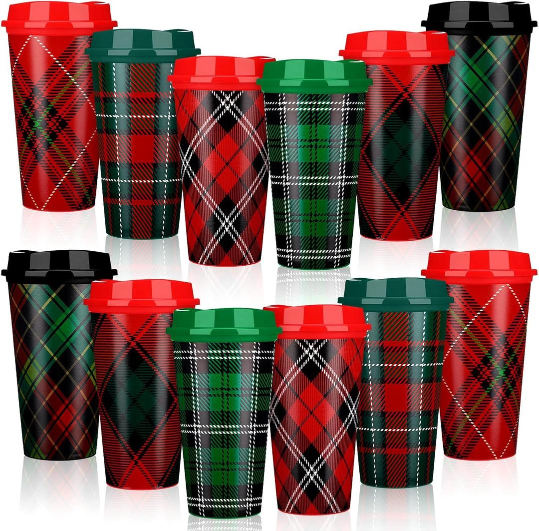Sliner 12 Pcs 16 oz Christmas Buffalo Plaid Coffee Cups Mugs Tartan Plaid with Lids Plastic Xmas Cup 6 Designs of Red and Green Plastic Coffee Cups Xmas Holiday Supplies