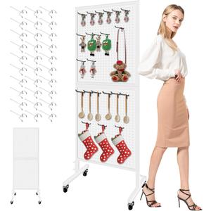 Royxen Standing Pegboard Display with T-Base, 2 x 5 Feet Metal Pegboard Display Stand with 30 Hooks, Peg Board Panels with Wheels for Vendors, Home and Retail Store (White)
