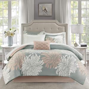 Madison Park Essentials Maible Cozy Bed in A Bag Comforter with Complete Cotton Sheet Set-Floral Medallion Damask Design All Season Cover, Decorative Pillow, Twin (68 in x 86 in), Floral Blush 7 Piece