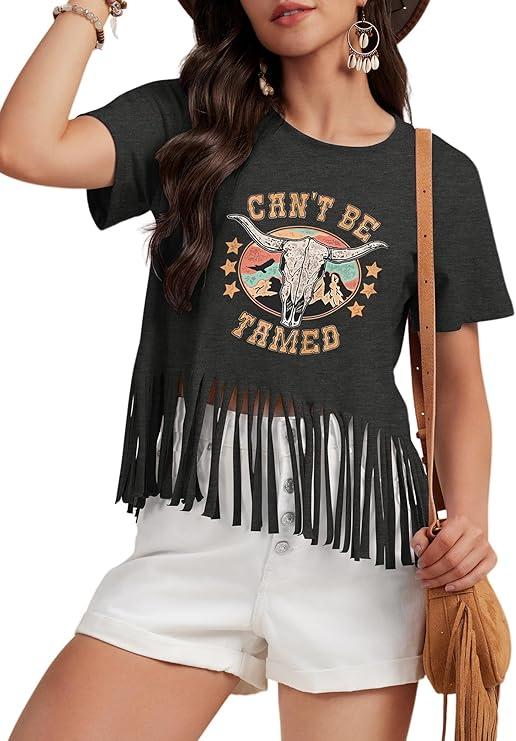 Women Graphic Tees Western Shirts Vintage Cowgirl Cowboy Fringe Shirt Concert Tops Short Sleeve(Dark Grey, XL)