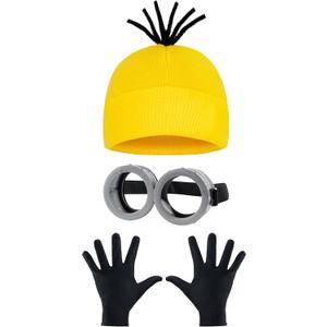3Pcs Halloween Costume Accessories Adult Steampunk Goggles Glasses Yellow Beanie Hats Black Gloves Women Party Set (Yellow)