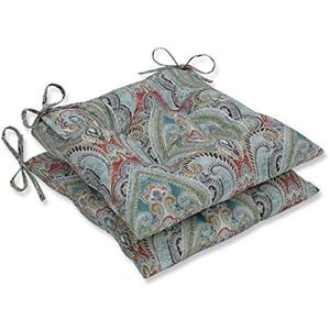 Pillow Perfect Paisley Indoor/Outdoor Chair Seat Cushion with Ties, Tufted, Weather, and Fade Resistant, 2 Count, Square Corner - 18.5" x 19"