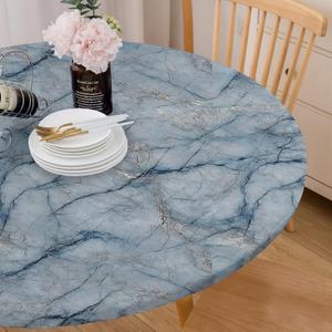Round Tablecloth Fitted Elastic Edge Patio Table Covers Wrinkle Resistant Waterproof Vinyl Table Cloth for Picnic Camping Indoor and Outdoor Blue Marble 45"-56"