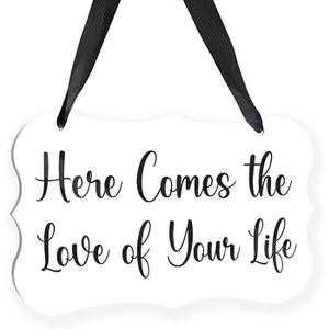 3 x Wedding Acrylic Decor Sign, Bridal Shower Decoration, Acrylic Seat Sign Hanging with Ribbon for Wedding Reception Ceremony Seating and Church Chair Decor - Here Comes The Love of Your Life (Clear)