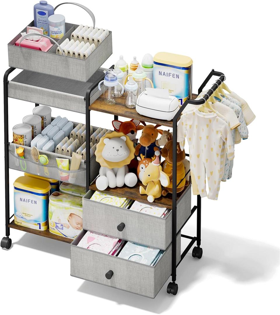 BBLIKE Diaper Caddy Organizer with Hanging Rack - 3 Tier Rolling Baby Storage Cart with Drawers and Side Pockets for Newborn Diaper Organization for Nursery, Crib, Bedroom, Changing Table, Gray (Grey)