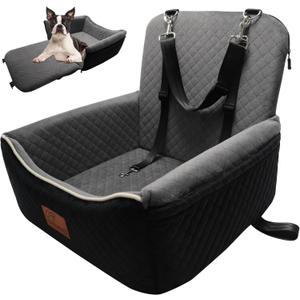 Dog Car Seat Bed 2 in 1 for Small/Medium Dogs up to 35 lbs,Adjustable Safety Leashes,Memory Foam with Soft Fabric Pets Travel Car Bed,Easily Installed in Front and Back seat,Removable and Washable. (Black outside Grey inside)