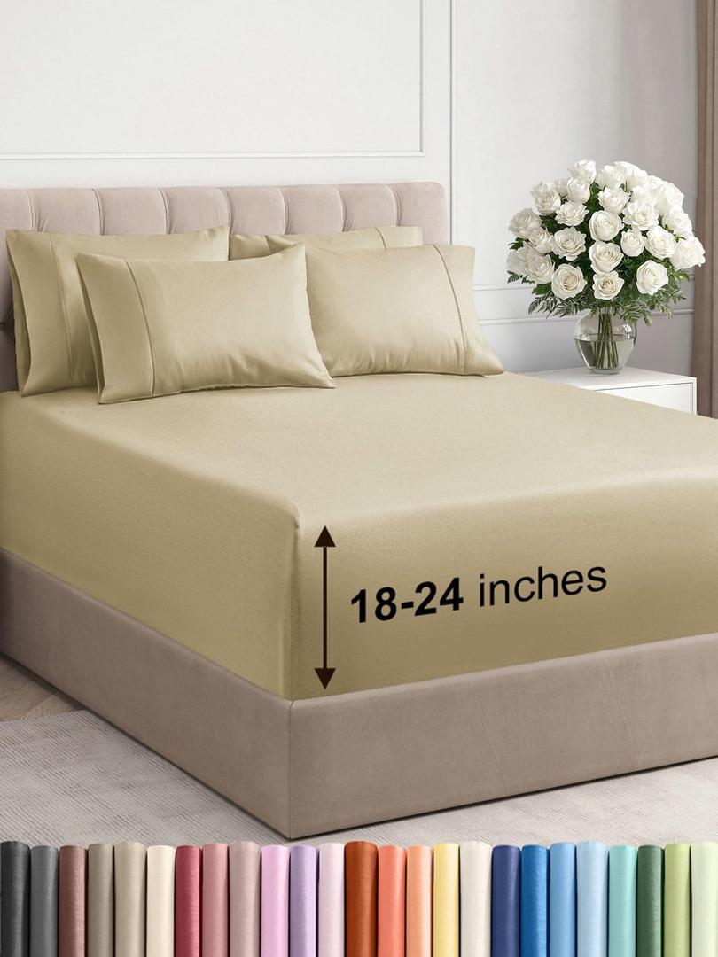 Extra Deep King Sheet Set - 6 Piece Breathable and Cooling Sheets - Hotel Luxury Bed Sheets Set - Easy & Secure Fit - Soft, Wrinkle Free and Comfy Sheets Set - Beige Sheet Set with Extra Deep Pockets