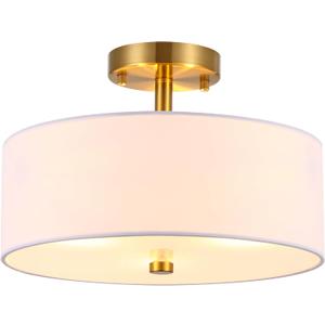 13" Semi Flush Mount Ceiling Light Fixture, 3-Light Gold Drum Light Fixture, Modern Close to Ceiling Light with White Fabric Shade Lamps for Bedroom Living Room Kitchen Hallway Entryway