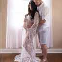 COSYOU Open Belly Maternity Dresses for Photography Cardigan Lace Bridal Robe See Through Dress Maxi Gown with Cute Tail (White, S)