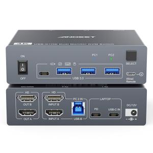 Dual Monitor KVM Switch for Laptop & Desktop 4K@60Hz, USB C and HDMI KVM Switch 2 Monitors 2 Computers with 4 USB 3.0 Port for Keyboard Mouse, 80W PD Charging, with Wired Remote and USB C Cable