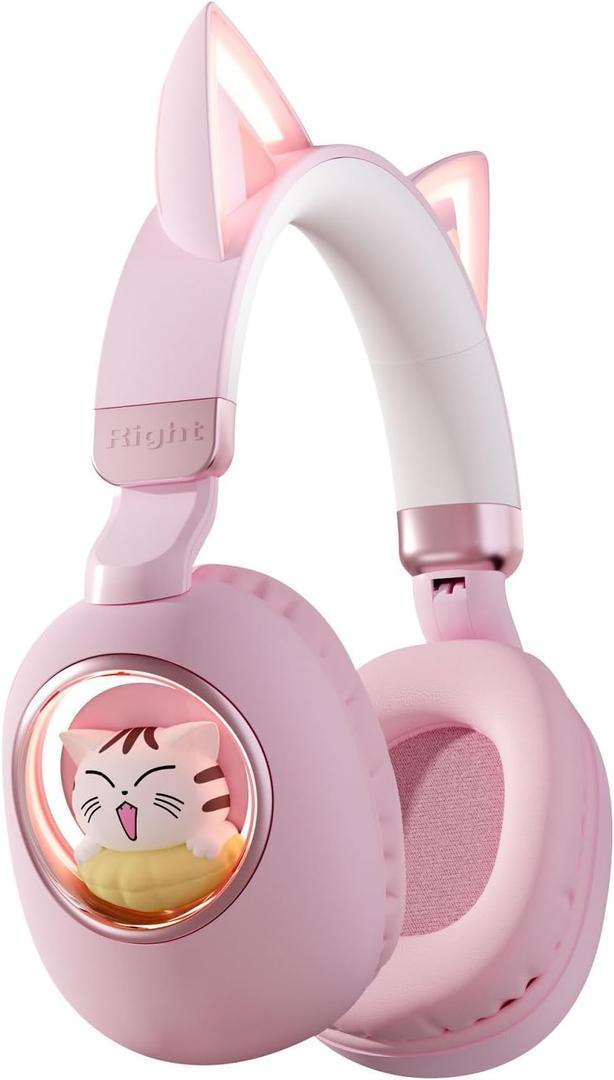 Pink Cat Ear Headphones for Kids, Cute Children Girl Wireless Bluetooth Headphones for School, Kindergarten Light up Kawaii Kitty Noise Cancelling Headphones for Kids Teens Child Airplane