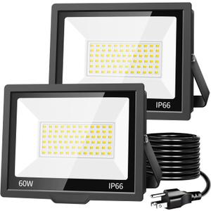 60W LED Flood Light Outdoor with 5FT US Plug, 7200LM Brighter Work Light, IP66 Waterproof Exterior Security Lights, 5000K Daylight White Outside Floodlights for Yard Garage Patio Doorway, 2 Pack