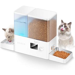 Rojeco 36Cups/8.5L Pet Automatic Cat Feeder and Gravity Water Dispenser,Stainless Steel Bowls 2-in-1 Set Large Capacity 5L Food Feeder and 3.5L Water Fountain for Cats,Pets,Small Dogs,Puppies,Kittens (White)