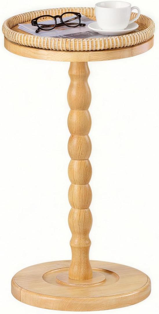 Rattan Round Side Table, Rubberwood Small Drink Table for Small Spaces, Solid Wood Pedestal Coffee Tables, End Tables for Living Room, Sofa Couch, Bedroom, Corners, and Outdoor (Natural) (11.4"W x 23.6"H)