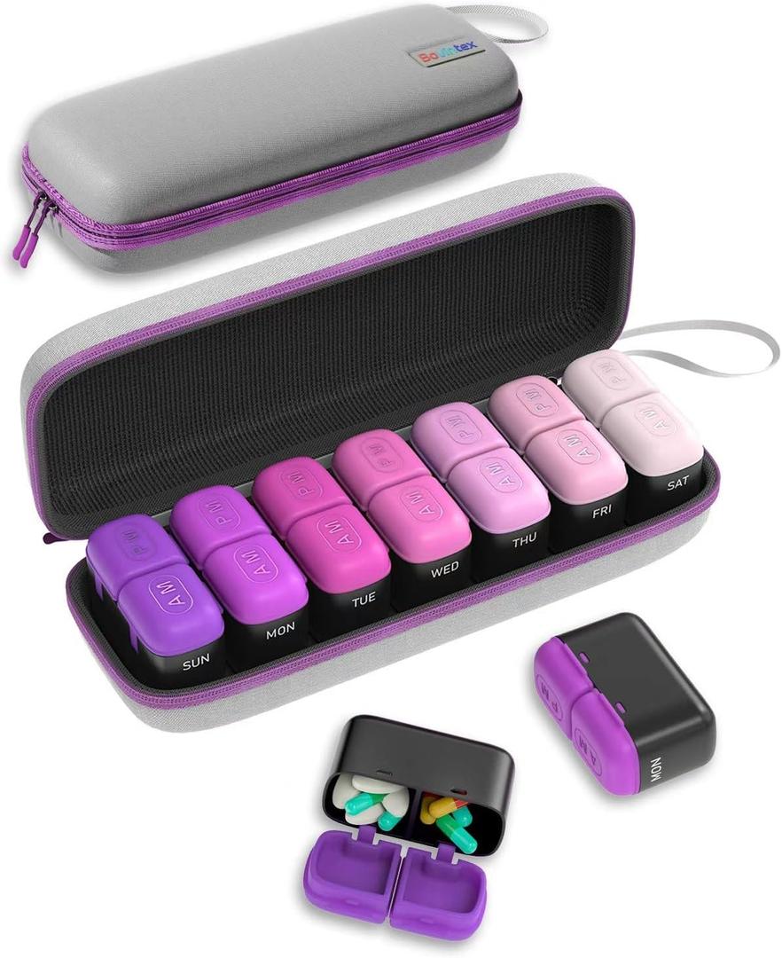 Weekly Pill Organizer 2 Times a Day, 7 Day Travel Medicine Pill Organizer with Moisture-Proof Silicone Lid, AM PM Daily Pill Bottle for Vitamins & Supplements, Pocket-Size Pill Case(Purple)