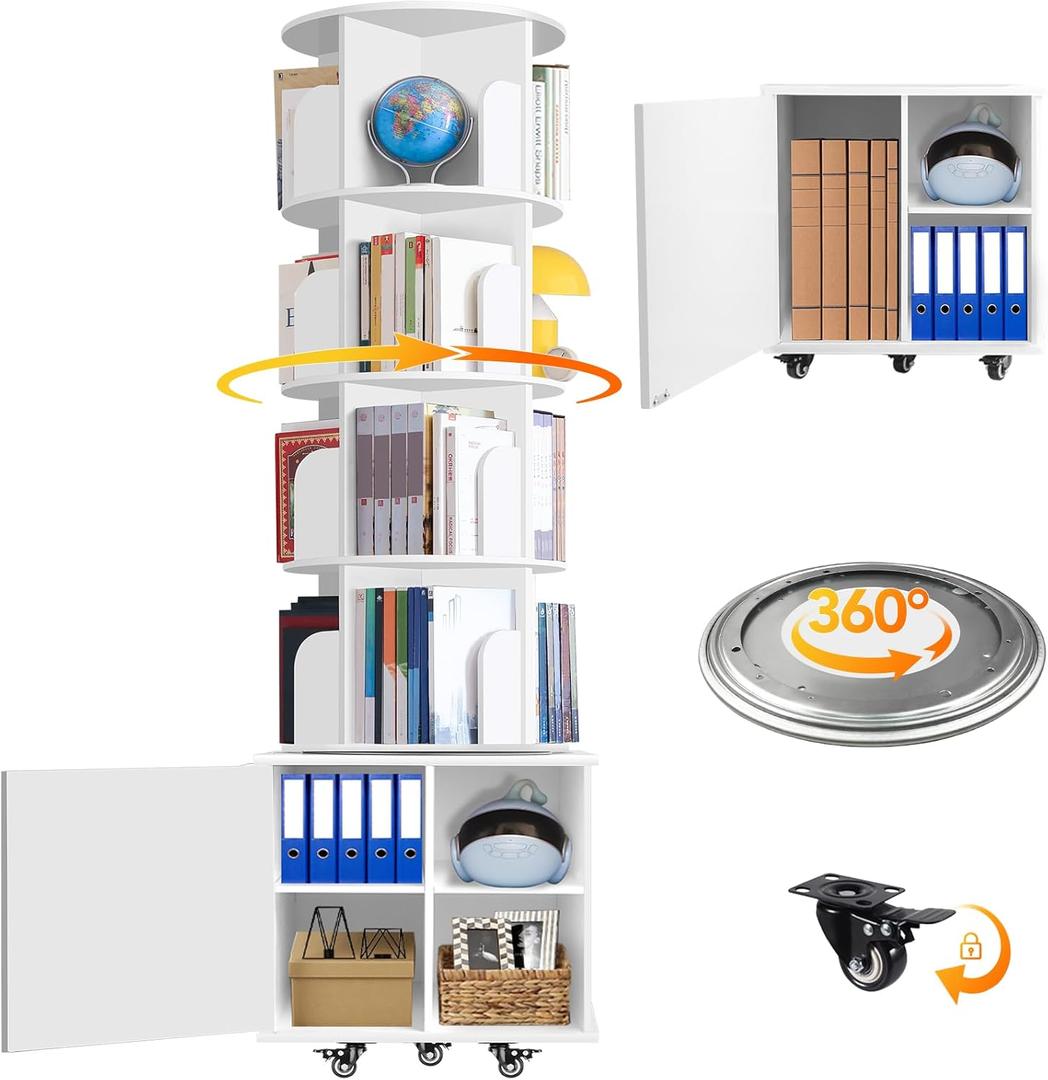 6 Tier Rotating Bookshelf Spinning Bookshelf Tower 360° Revolving Bookcase with Storage Cabinet Corner Organizer Storage Round Carousel with Wheels, White