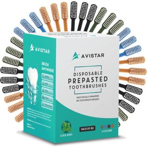 Avistar 80 Prepasted Disposable Toothbrushes Individually Wrapped - Single Use Pre Pasted Disposable Toothbrushes with Toothpaste Built in - Waterless Toothbrush for Travel, Guests, Hotel, & Camping