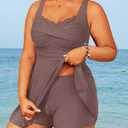 Aqua Eve Plus Size Swimuit with Shorts Two Piece Plus Size Swimdress | Petal-shaped Neckline, Twist Front, ps, Unremovable Cups, High Waist Bottom, Adjustable Straps, Flowy Dress Top 20 Plus, Coffee Brown