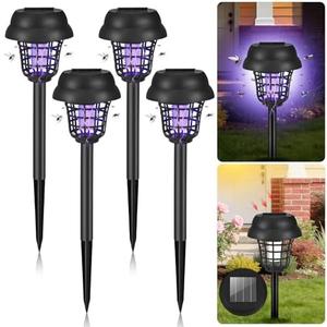 4 Pack Bug Zapper Solar Mosquito Zapper Repellent Outdoor Patio Waterproof,Auto On/Off Purple or White Light, Solar Powered Gnat Flying Insect Bug Zappers for Yard, Garden, Backyard, Pathway