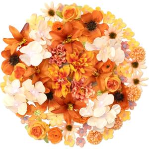 Faux Flower Heads Mini Orange Artificial Flower Heads Fake Flowers Combo with Stems Rose Peony Dahlia Daisy Small Silk Flower Heads for Craft DIY Garland Wedding Party Baby Shower Home Decor, 80Pcs
