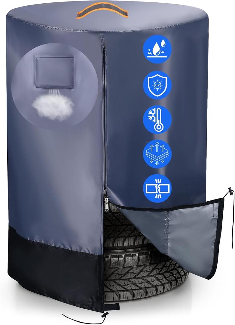 Tire Cover Waterproof Outdoor Indoor，Durable 420D Tire Covers for Storage,Universal Tyre Dust Protective Cover with Waterproof Zipper,Bottom Drawstring and Air Vent (Grey & Black)