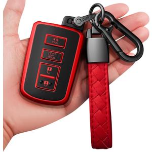Sindeda for Toyota Key fob Cover with Leather Keychain,Soft TPU Full Cover Protection Key Case for Toyota Corolla, Camry, Avalon, Rav 4, Highlander Key Fob Shell (Red)