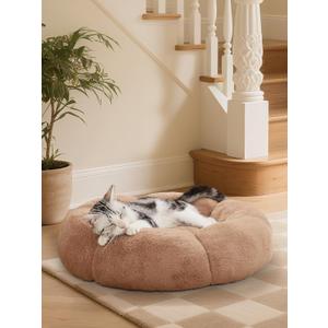 OhGeni 20 inches Calming Donut Dog & Cat Bed for Small Pets, Warming Comfort Fluffy Short Pile Fur, Durable Machine Washable, Cute Round Bed for Puppy and Kitten, Camel
