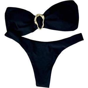 Milumia Women's Metal Ring Strapless Bikini Set High Cut Two Piece Bandeau Swimsuit Bathing Suit (Black)