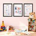 Cute Alphabet Numbers Framed Wall Art Set of 3, Educational ABC Poster Wooden Sign for Baby Girl Kid Boy Toddlers, Neutral Boho Preschool English Letters Nursery Decor for Homeschool Playroom Daycare