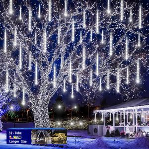 Christmas Decoration Outdoors- 32 Tubes (Equivalent to 4 Sets of 8-Tubes) Meteor Shower Rain Lights, White Falling Rain Lights for Christmas Decor Xmas Tree Halloween Yard Wedding Party, UL Plug