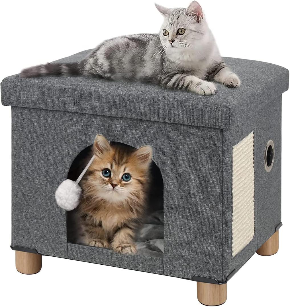 BRIAN & DANY Cat Beds for Indoor Cats,Large Cat Cave House for Kitten with Scratch Board & Ball, 17.7 x 14.8 x 15 inches, Gray (Large)
