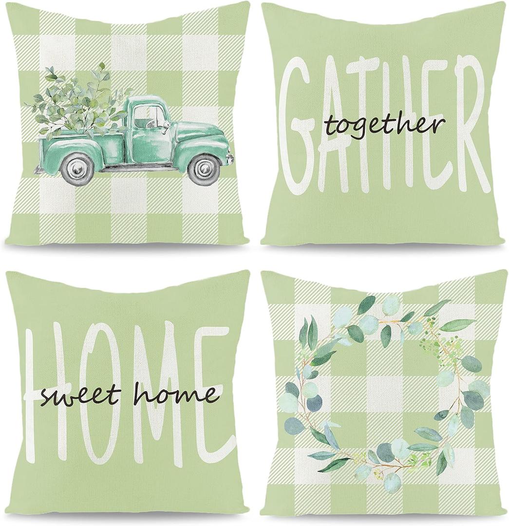 WATINC 4Pcs Spring Summer Pillow Covers Eucalyptus Leaves Garland Truck Cushion Cases Linen Cloth Sweet Home Together Gather Plaid Pillowcase Decoration Farmhouse for Sofa Home Car Couch 18 x 18 Inch