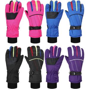 Geyoga 4 Pairs Kids Waterproof Ski Gloves Warm Windproof Winter Snow Gloves Cold Weather for Boys Girls (6-13 Years, Black, Blue, Purple, Pink)
