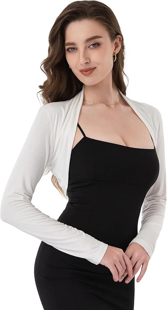 AmélieBoutik Women Ruched Long Sleeve Bolero Shrug Cropped Open Front Cardigan Jacket(Off-White Large)