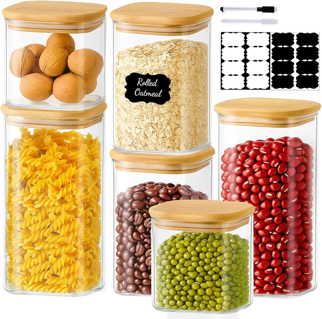TBWIND 6 Pack Square Glass Storage Containers with Bamboo Lids (24oz/37oz/51oz)  Clear Food Airtight Canisters Sets for The Kitchen, Glass Jars for Coffee Beans, Coffee, Flour, Snacks, Spices