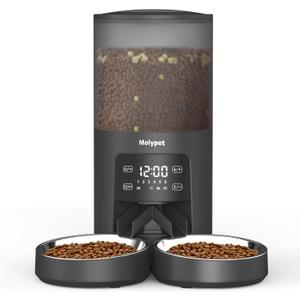 Automatic Cat Feeders - 6L Cat Food Dispenser with Double Bowls, Programmable Timed Feeder for Up to 6 Meals per Day with 10S Voice Recorder, Supports Dual Power Supply (Black)