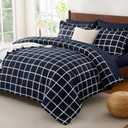 CozyLux Queen Comforter Set with Sheets - 7 Pieces Plaid Bed in a Bag Set Navy Blue, Queen Bedding Sets Bed Set with All Season Quilted Comforter, Flat Sheet, Fitted Sheet, Pillowcases & Pillow Shams