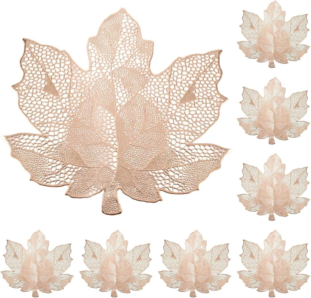 Fall Leaf Placemats Set of 8,Thanksgiving Placemats Harvest Maple Placemats 16X17inch for Party, Holiday and Wedding Table DecorChampagne Gold