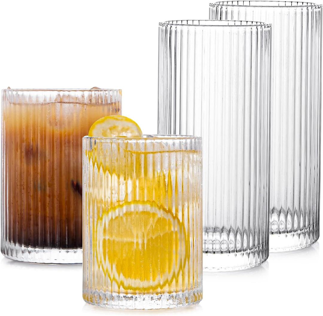 Drinking Glasses with Origami Style Set of 4pcs Glass Cups,2 Highball Glasses & 2 Rocks Glasses,Elegant Ripple Vintage Glassware,Iced Coffee Glasses,Ideal for Cocktail, Whiskey, Beer, Juice, Water