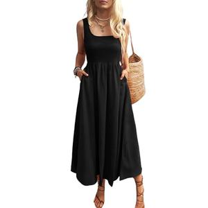 Mieazom Women's Maxi Dress Summer Sleeveless Swing Sundress Casual Loose Tank Long Dresses with Pockets Black L