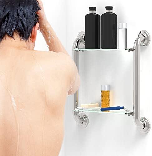 AmeriLuck 500lbs Support 1.25in x 16in Double Grab Bars with 2 Tiers Tempered Glass Shelves, Stainless Steel, ADA Compliant (Chrome)