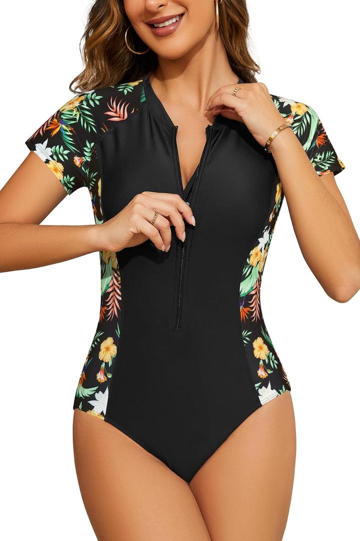 SHEKINI Women's Short Sleeve Rash Guard Swim Shirts UV Protection Zipper Surfing One Piece Swimsuit UPF 50 (XX-Large, Black+Orange)